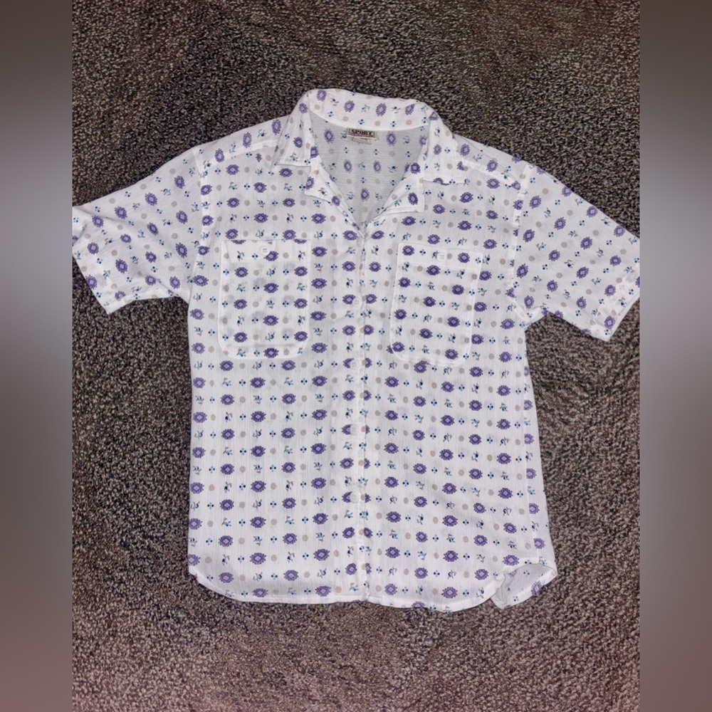 Women's VTG 80's Sport Carriage Court White Short Sleeve Button Up EUC Small